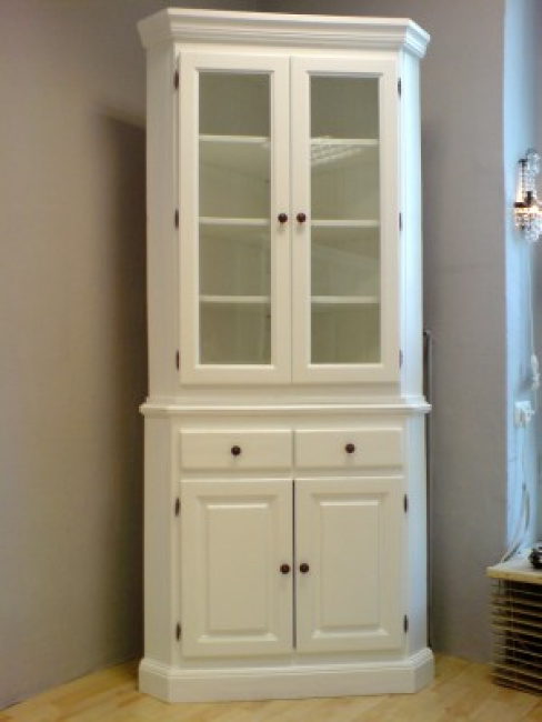Aufsatz-Eckschrank Vitrine Landhaus Pinie weiss Art 558