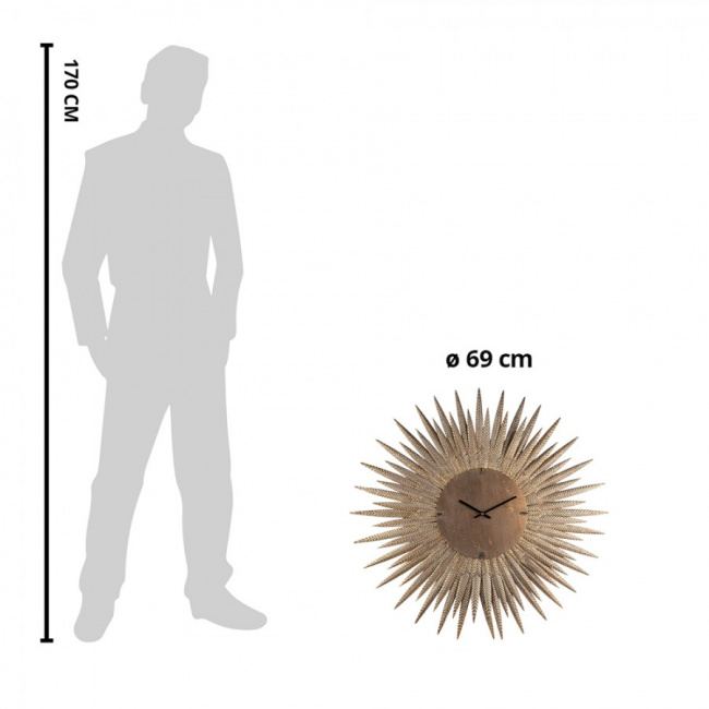 Darstellung Größenverhältnis große kupferfarbene Wanduhr neben der Silhouette eines Menschen