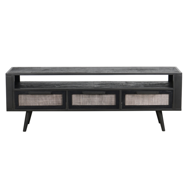 Industrial TV-Lowboard schwarz Eisen / Holz / Rattan