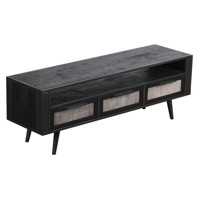 Industrial TV-Lowboard schwarz Eisen / Holz / Rattan