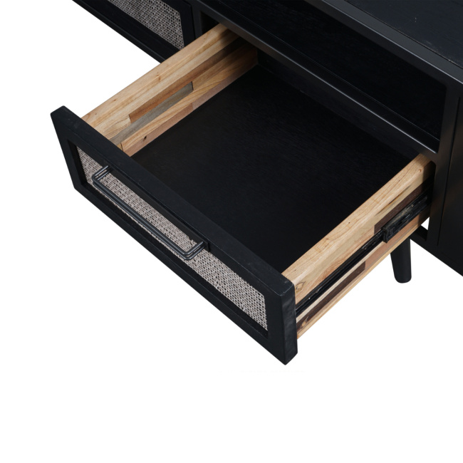 Industrial TV-Lowboard schwarz Eisen / Holz / Rattan