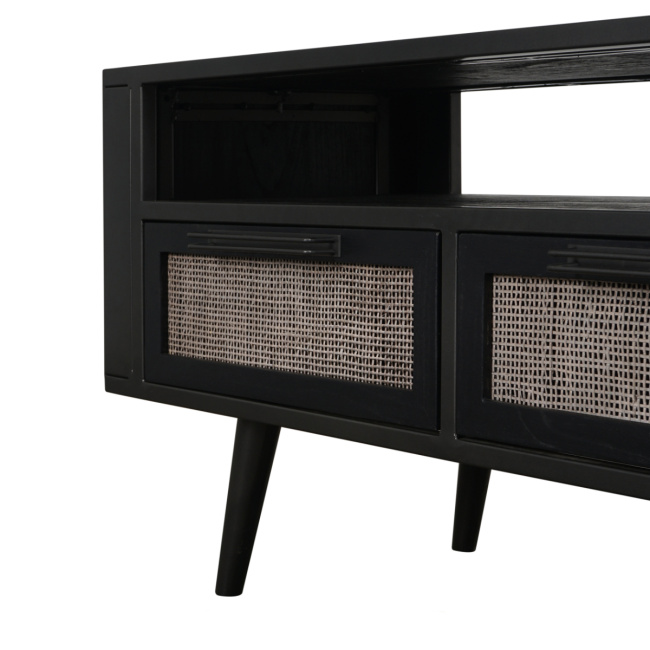 Industrial TV-Lowboard schwarz Eisen / Holz / Rattan