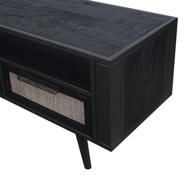 Industrial TV-Lowboard schwarz Eisen / Holz / Rattan