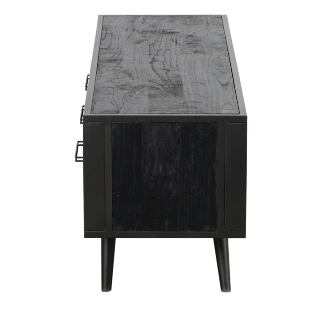 Industrial TV-Lowboard schwarz Eisen / Holz / Rattan