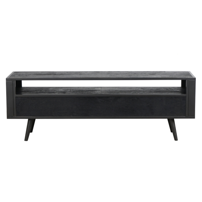Industrial TV-Lowboard schwarz Eisen / Holz / Rattan