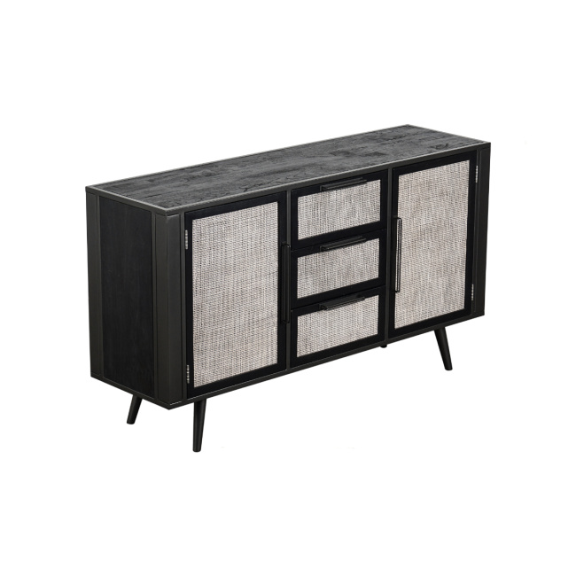 Schwarze Kommode Eisen / Holz / Rattan im Industrial Look