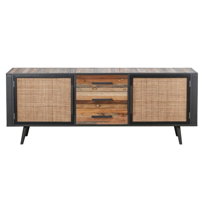 Industrial Sideboard aus Holz, Eisen und Rattan