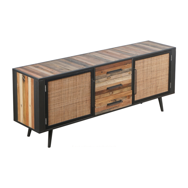 Industrial Sideboard aus Holz, Eisen und Rattan