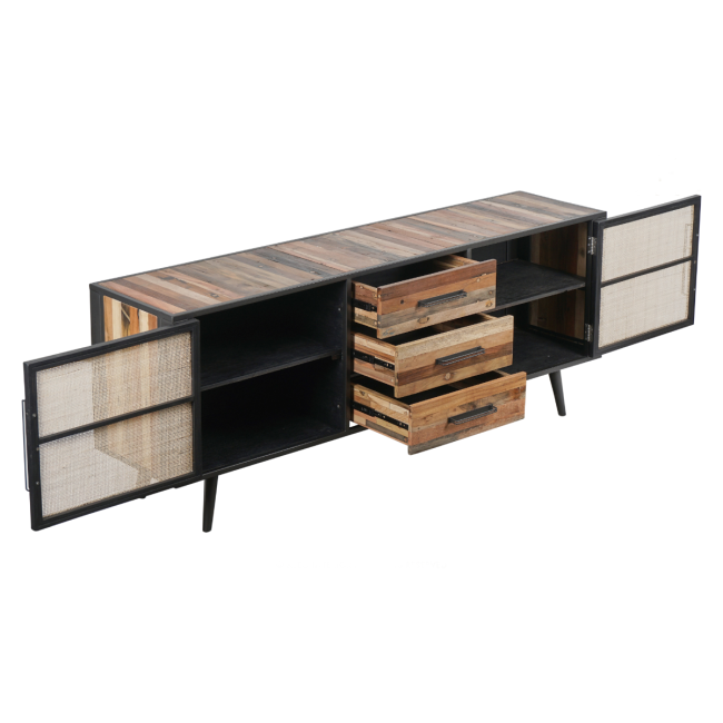 Industrial Sideboard aus Holz, Eisen und Rattan