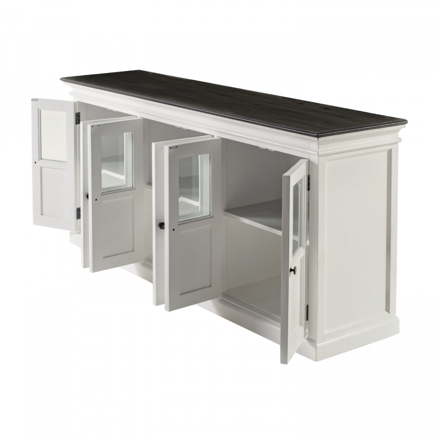 Weißes Sideboard mit sechs Glastüren und schwarzer Deckplatte Weißes Sideboard mit sechs Glastüren und schwarzer Deckplatte