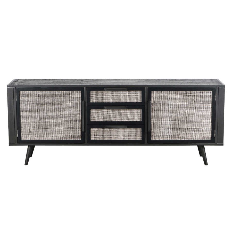 Industrial Sideboard schwarz mit Rattan 200cm Industrial Sideboard schwarz mit Rattan 200cm