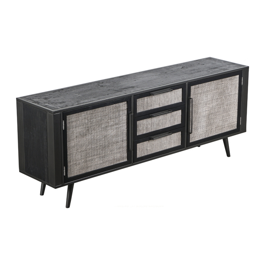 Industrial Sideboard schwarz mit Rattan 200cm Industrial Sideboard schwarz mit Rattan 200cm