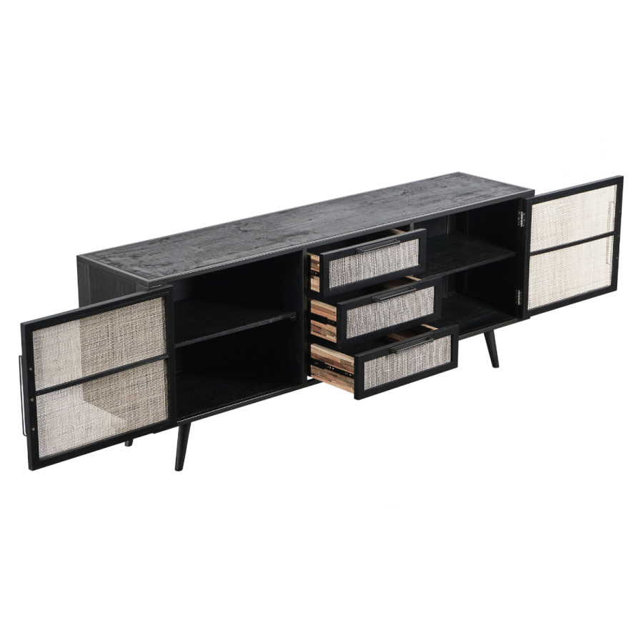 Industrial Sideboard schwarz mit Rattan 200cm Industrial Sideboard schwarz mit Rattan 200cm