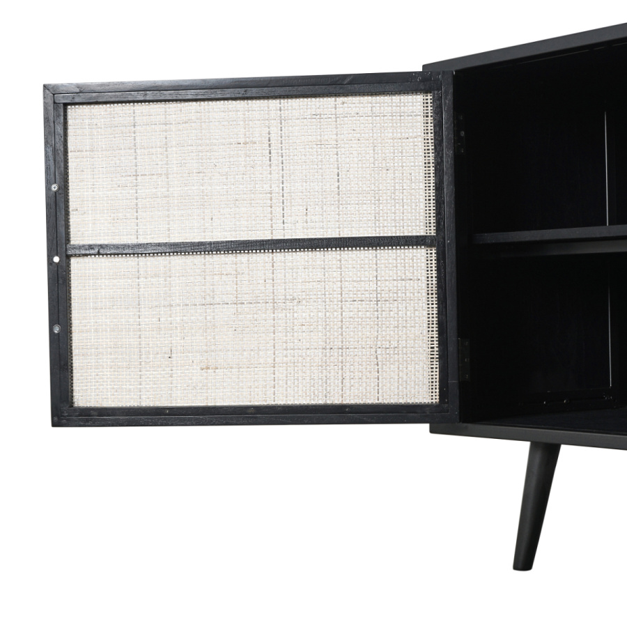 Industrial Sideboard schwarz mit Rattan 200cm Industrial Sideboard schwarz mit Rattan 200cm