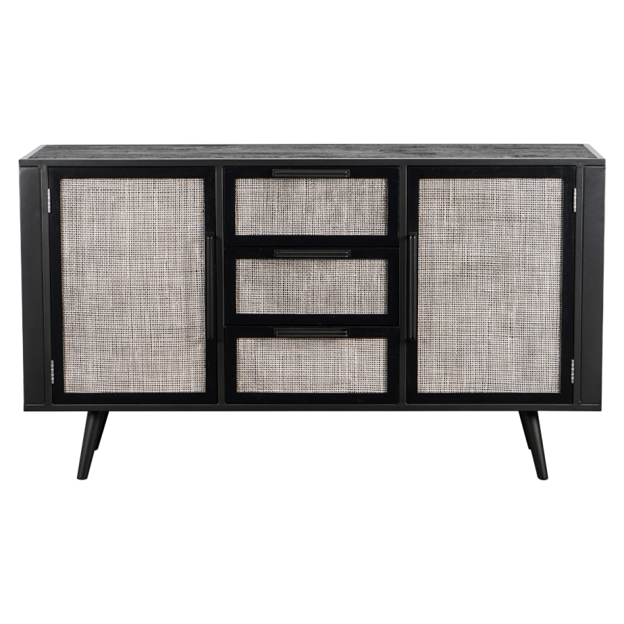 Schwarze Kommode Eisen / Holz / Rattan im Industrial Look Schwarze Kommode Eisen / Holz / Rattan im Industrial Look