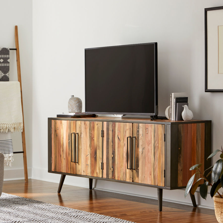 Industrial TV Bank aus Eisen und recyceltem Holz 200cm Industrial TV Bank aus Eisen und recyceltem Holz 200cm