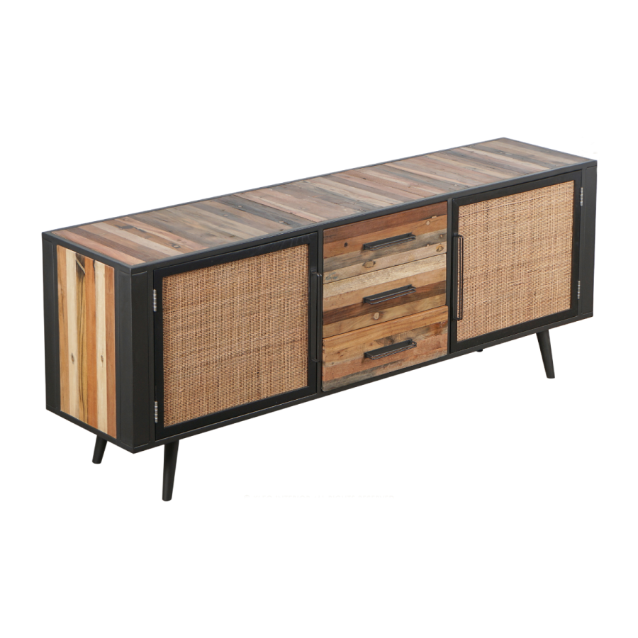 Industrial Sideboard aus Holz, Eisen und Rattan Industrial Sideboard aus Holz, Eisen und Rattan