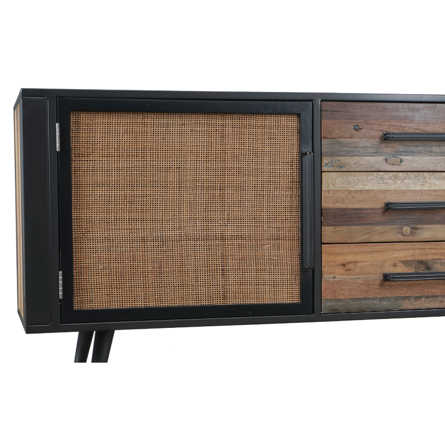 Industrial Sideboard aus Holz, Eisen und Rattan