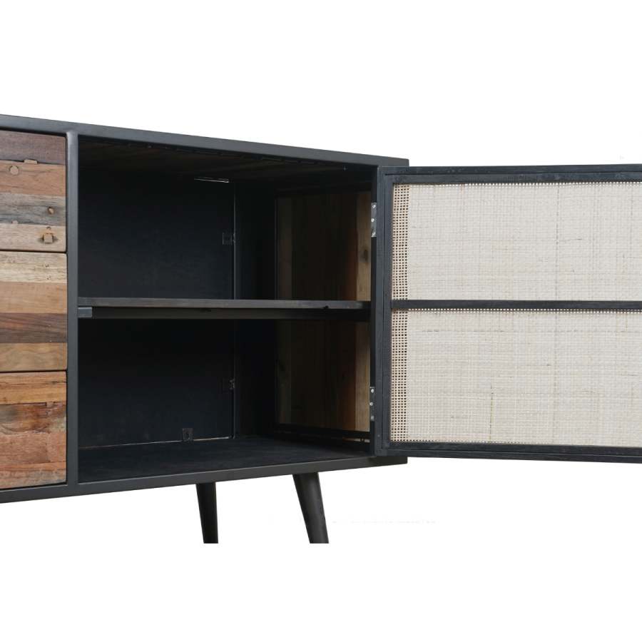 Industrial Sideboard aus Holz, Eisen und Rattan