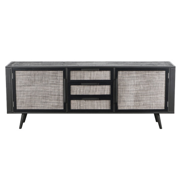 Industrial Sideboard schwarz mit Rattan 200cm