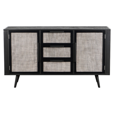 Schwarze Kommode Eisen / Holz / Rattan im Industrial Look
